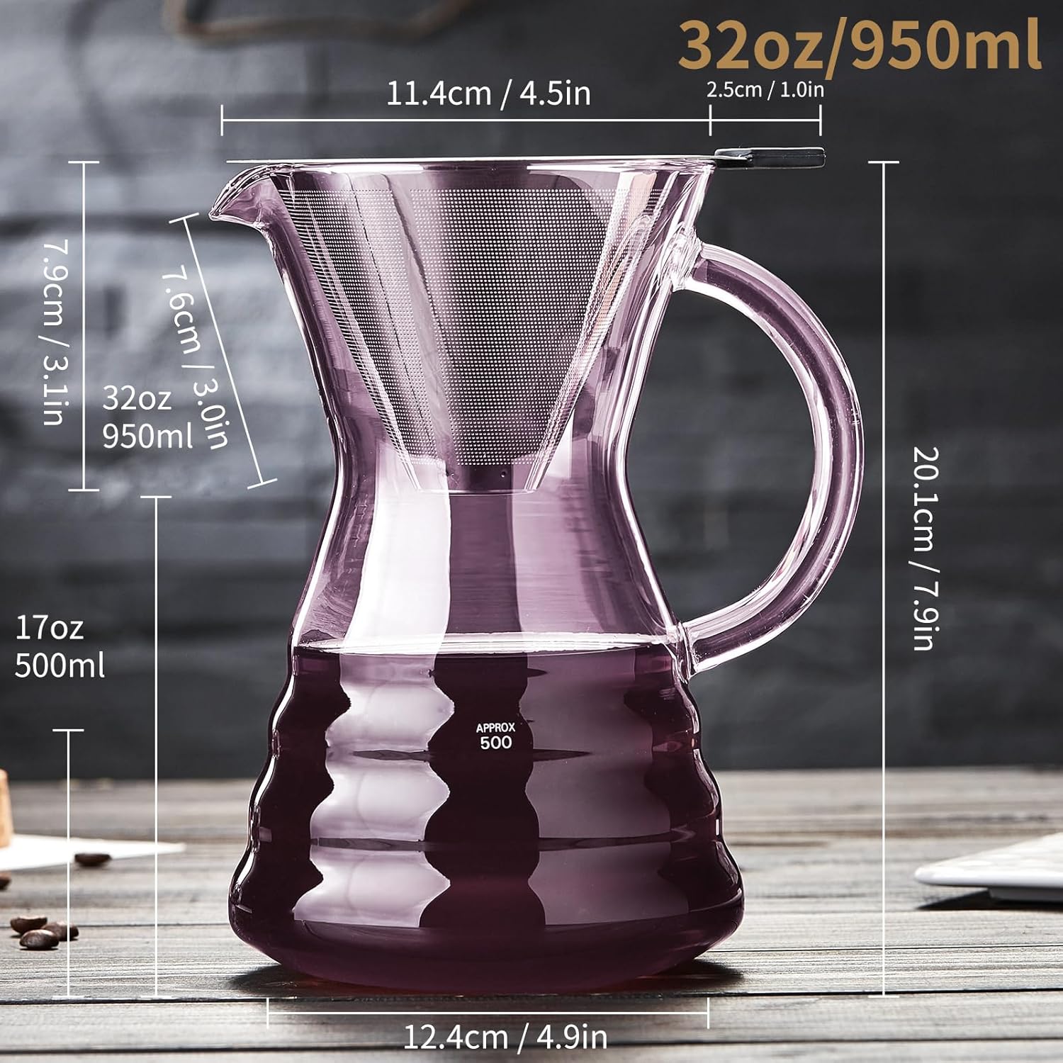 Unbreakable - Pour Over Coffee Maker with Permanent Stainless Filter 32 fl oz, Thickened Heat-Resistant Borosilicate Glass Dripper Coffee Brewer, Stovetop Safe, Pink - Blissbrew