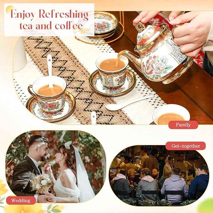 20 Pcs Porcelain Tea Set for Adults with Metal Holder and Spoon European Ceramic Tea Party Set Flower Painting Teapot Cup Saucer for Christmas Women Gifts, Serving 6 People(Classic)