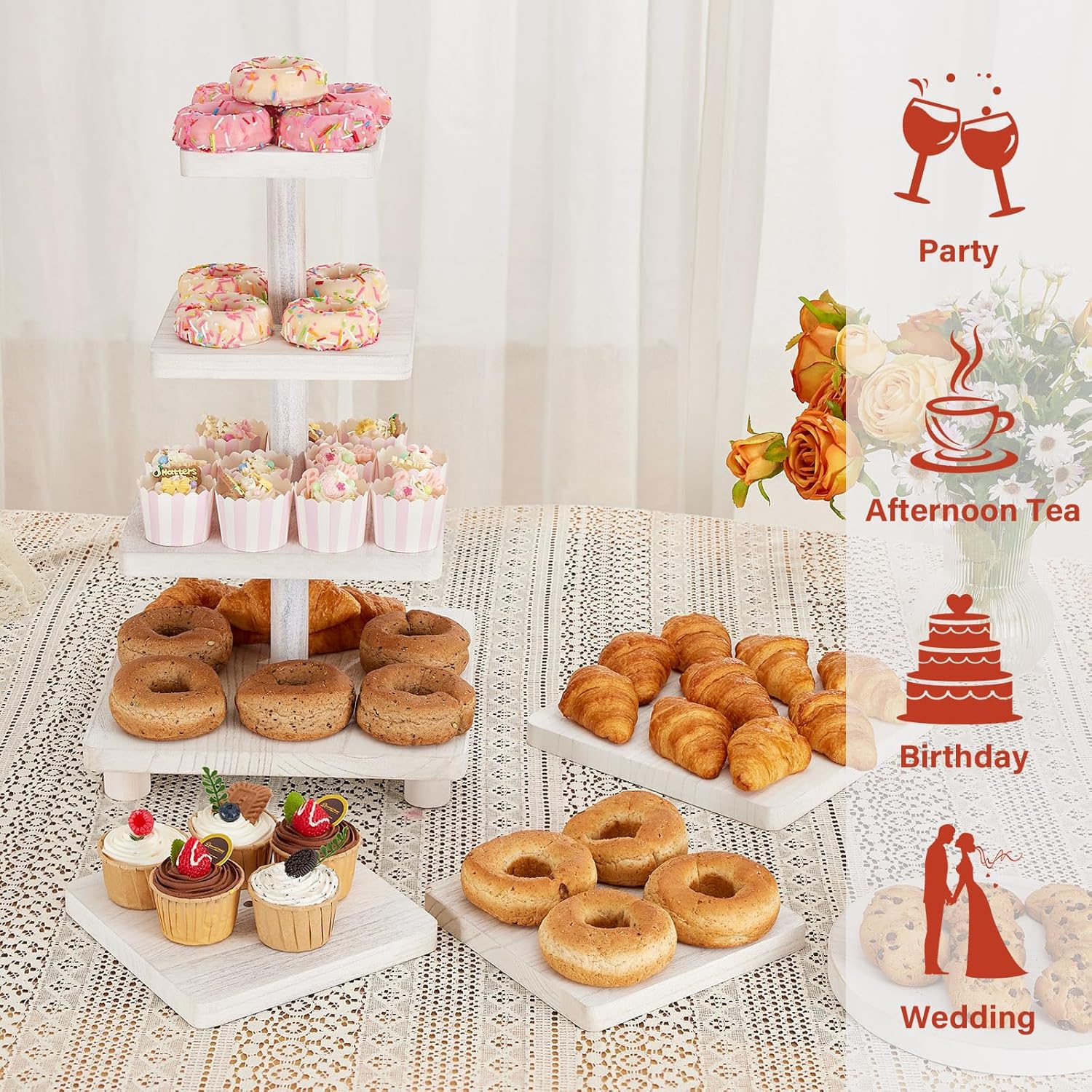 4 Tier Cupcake Stand,Wood Cake Stand with Tiered Tray Decor,Rustic Cake Stand,Cupcake Display for Home Tea Party, Birthday, Wedding, Farmhouse Decor,Woodland Baby Shower…