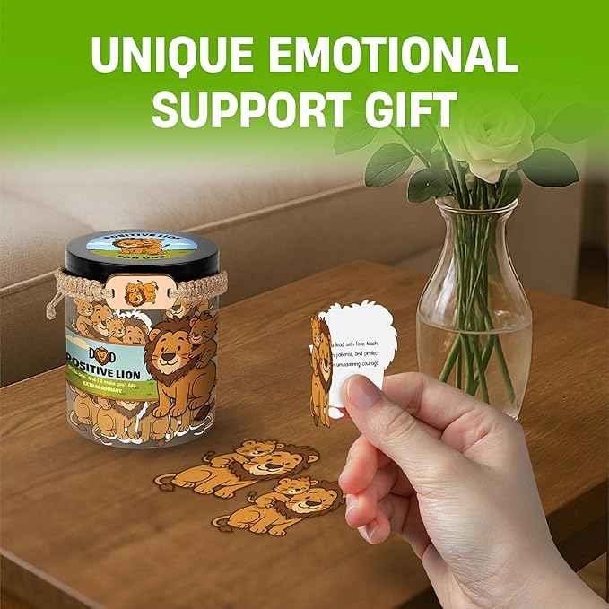 Positive Lion Jar with 60 Affirmation Cards, Emotional Support Lion Decor, Uplifting Present for Dad, Fathers Day Appreciation Jar from Daughter or Son