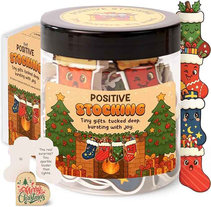 Positive Stocking Jar – 60 Funny Emotional Support Jar- Christmas Gifts for Teens, Women, Men, Coworkers, Teachers, Sisters, Friends – Christmas Stocking Stuffer for Teen Girls, Boys, Women