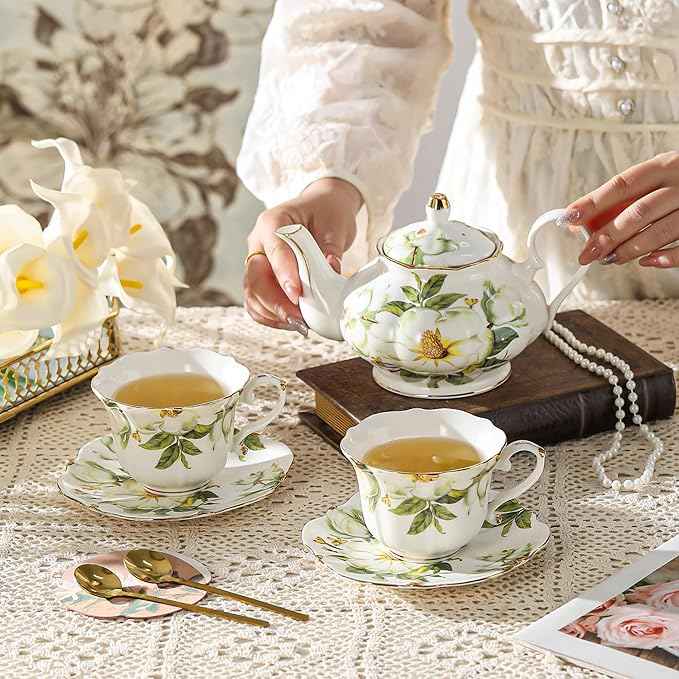 TATSUMI Country Roses Porcelain Tea Set, European Ceramic tea set for one or two,Vintage Style, For Women and Tea Parties (Green, 7 Pieces Set)