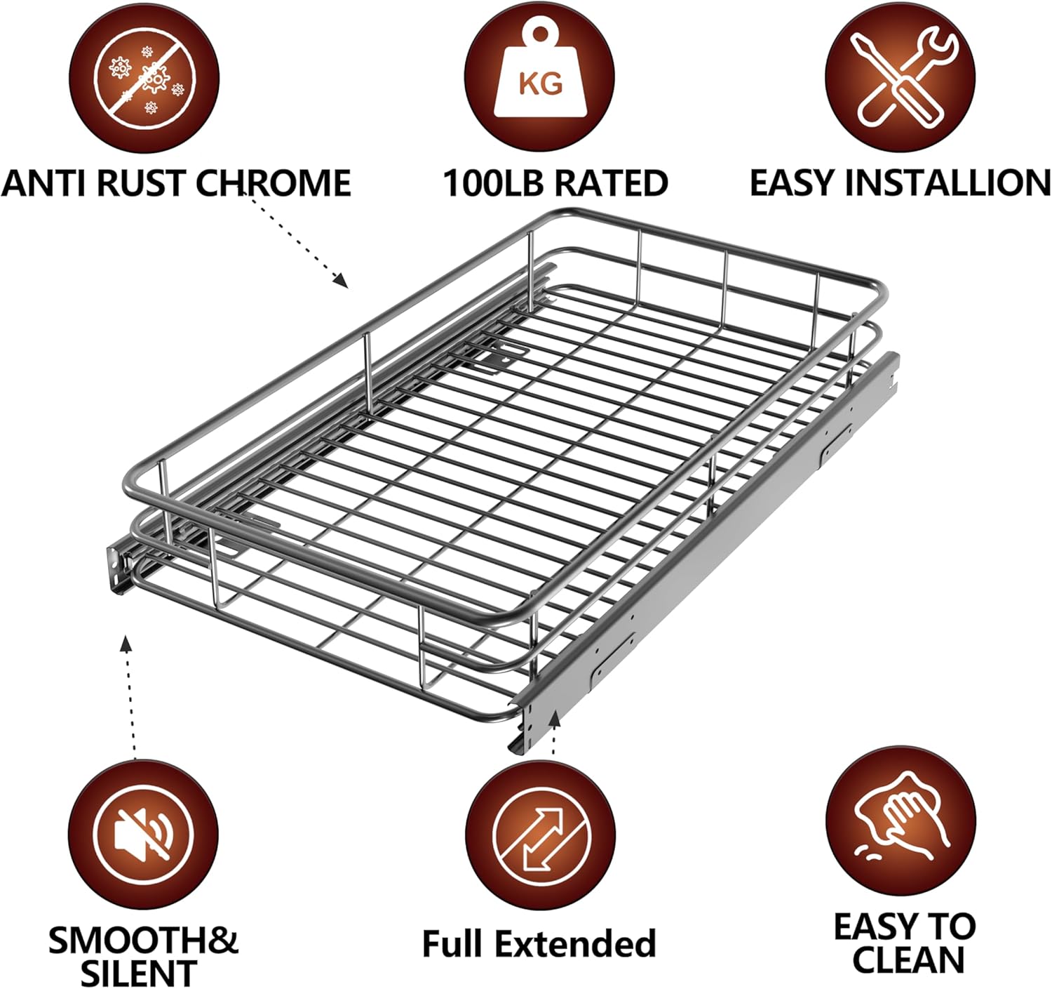 Cabinet Pull Out Shelves (14"W x 21"D), Heavy-Duty Pull Out Shelves for Kitchen Cabinets, Chrome-Plated Steel Slide Out Shelf