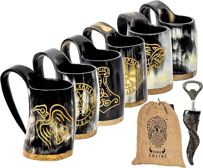 Viking Horn Shot Mugs Set of 6,100% Authentic, Unique, Handmade Natural Ox Horn Shot Glasses| 3oz Cool Unique Tumbler, Beer Gift for Men and Women, Goblet| Mediaeval Stein for Ale, Mead, Whisky…