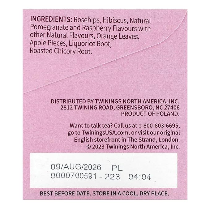 Twinings Pomegranate & Raspberry Herbal Tea Individually Wrapped Bags, 20 Count (Pack of 1), Naturally Caffeine-Free, Enjoy Hot or Iced, 20 Teabags