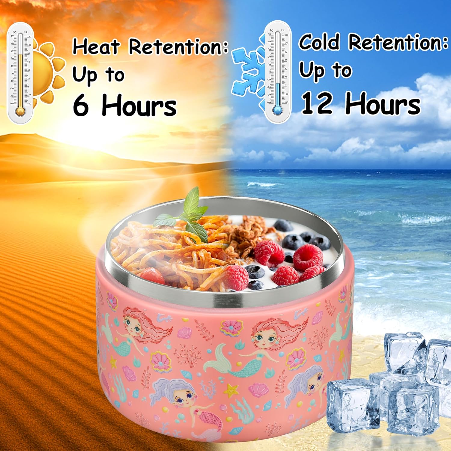 12oz Insulated Vacuum Food Jar with Buckle Lid Wide Mouth Soup Thermo for Hot Food Kids Leakproof Stainless Steel Lunch Container (mermaid) - Blissbrew