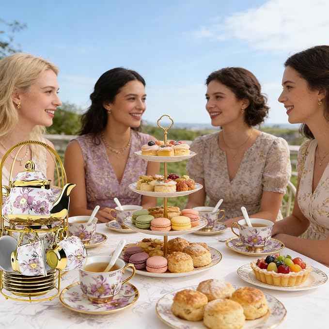 20 Pcs Porcelain Tea Set with Metal Holder, 700ml/23oz European Ceramic Tea Set for Adults, Adult Tea Set Gift, Flower Tea Cup Saucer Set for Party With Gold Flower Painting (Elegant Purple/700ml)