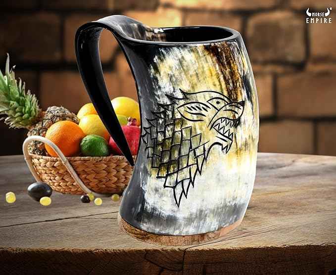 Viking Drinking Fenrir Engraving Horn Mug,16-20oz | The Ultimate Unique Handmade Ox horn Mug for Cold Drinks - 100% food safe. Vikings Horn cups (Roaring Fenrir - Polished)