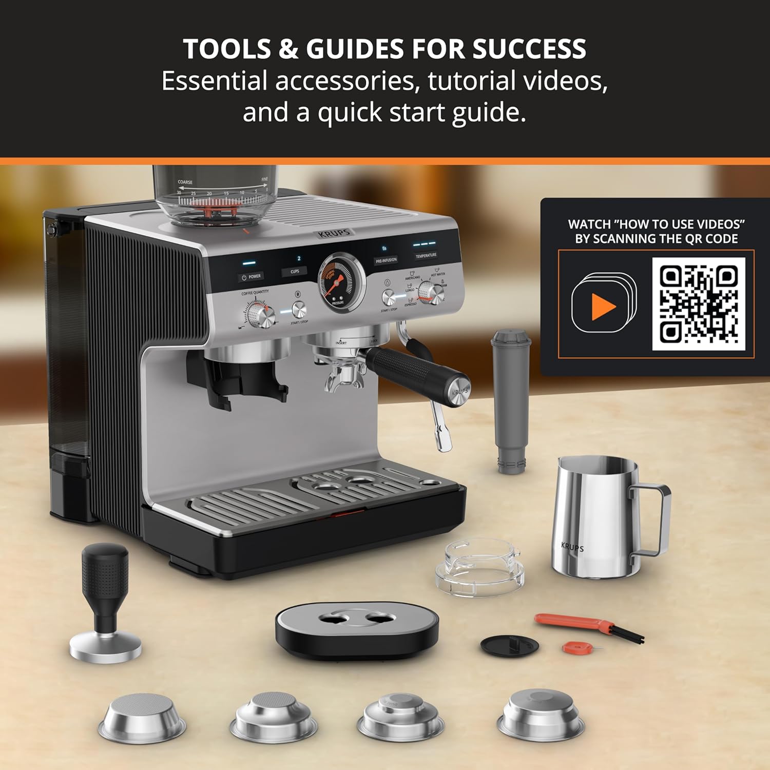KRUPS Precision Espresso Coffee Machine with Grinder, Latte & Cappuccino Maker, Pump Pressure + Milk Frother Steam Wand, Adjustable Grind Settings for Barista-Quality Results, Stainless Steel & Black - Blissbrew