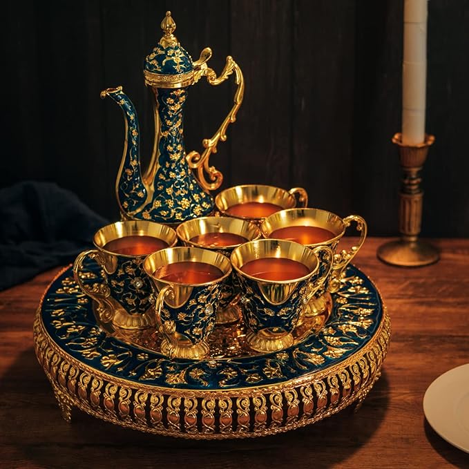 Vintage Extra Large Turkish Coffee & Tea Pot Set for 6 by Gute with Large Crystal Tray & Teapot Gold with Shiny Crystal (Blue) 480ml - 6 Vintage Moroccan Tea Glasses 230ml Teacups Gold
