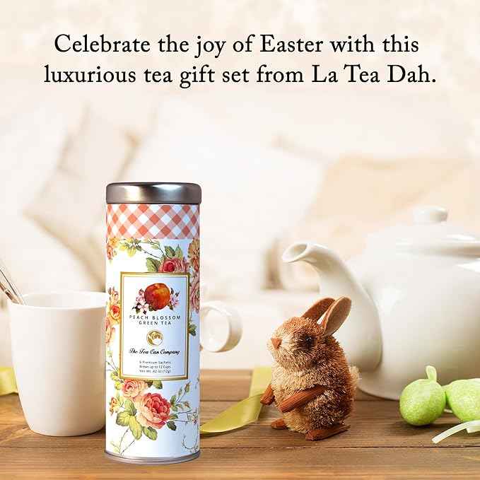 Easter Gift Basket by La Tea Dah, Festive Tea Gift Box with Three Skinny Tins of Assorted Teas, Peach Green, Vanilla Chai, & Herbal Blueberry, Adult Easter Gifts (18 Sachets)