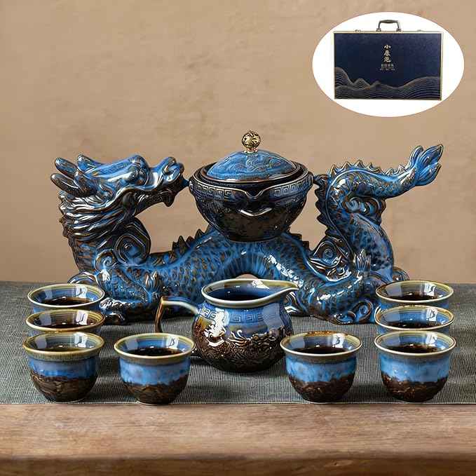 Chinese Gongfu Tea Set - Ceramic 360 Rotating teapot with Infuser, 8Cups, Semi Automatic Dragon Design for Loose Leaf Tea (Gift Box Set)