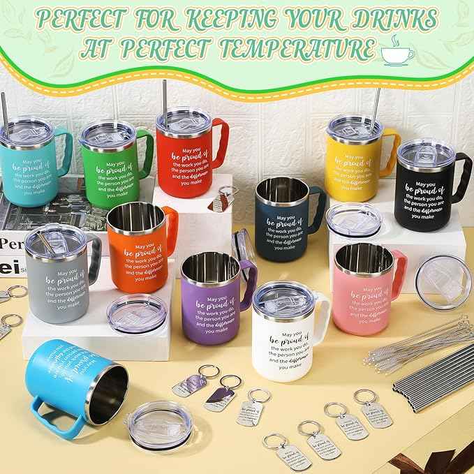 24 Sets Employee Appreciation Coffee Mug Gift 17oz Insulated Stainless Steel Tumbler with Handle and Keychains Thank You Gift for Coworkers Teacher