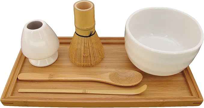 BambooMN Brand - Matcha Bowl Set (Includes Bowl, Rest, Tea Whisk, Chasaku, Tea Spoon & Tray) 1 Set White