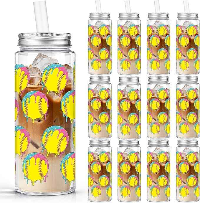 Vesici 24 Pcs Ice Cream Drip Softball Themed Tumbler Cups,14.2oz Spill-Proof Plastic Cups with Lids and Individual Straws, Bulk Set for Softball Team Gift, Ice Cream Drip Sports Party Favors