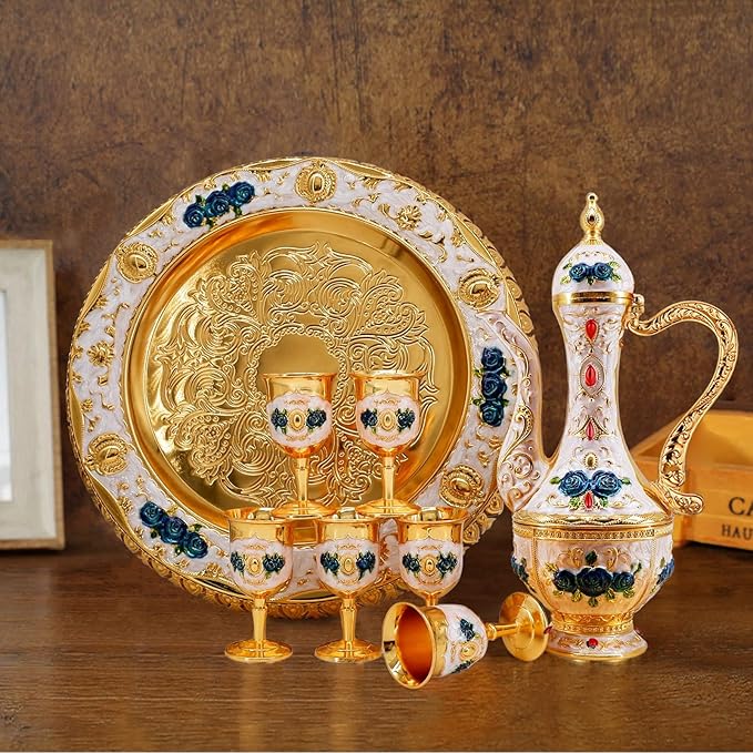 Turkish Coffee Cup and Tea Pot Set Including Teapot,Tea Tray,6 Metal Cups,Tea Service Set for Tea Table Decor,Hip Flask (Blue Flower)