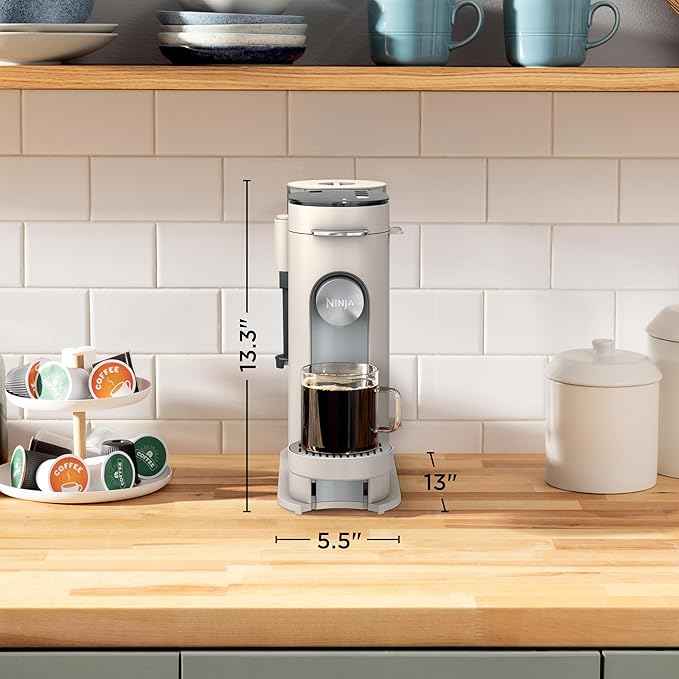Ninja Pod & Grounds | Coffee Maker | XL Single-Serve | K-Cup Pod Compatible | Brews Grounds | Compact Design | Built-In Milk Frother | 68-oz. Reservoir, 6-oz. Cup to 24-oz. Mug Sizes | Stone |PB055AST