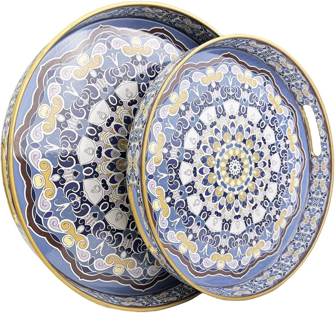 Round Decorative Trays Set of 2, Modern Plastic Serving Tray with Handles for Living Room, Coffee Table, Kitchen, Ottoman, Boho Blue, Large 13