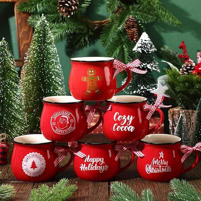 Sawysine Christmas Coffee Mugs Set of 6, 12 oz Ceramic Mug Gift Holiday Hot Cocoa for Family Mom Woman Friend Farmhouse (Gingerbread Man Style)