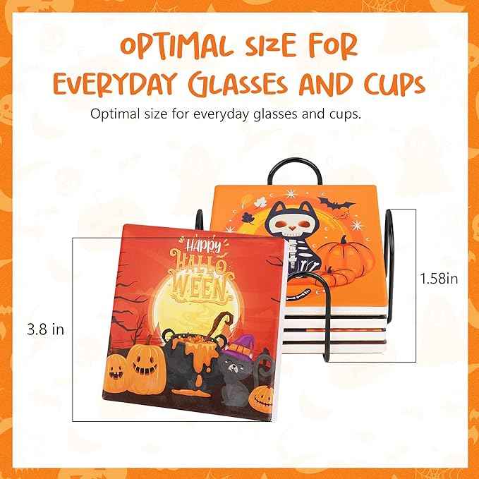 Halloween Coasters Absorbent Ceramic Coaster for Drinks with Black Holder and Cork Base Set of 4, Square Decorative Coffee Table Decor for House Warming Gifts New Home
