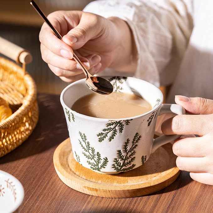 Coffee Mugs Set of 4 with Gold Spoon, 11 oz Ancient Style Hand-painted Ceramic Mug Gifts for Men Women, Unique Personality Gifts for Home Kitchen Office, Dishwasher Microwave Safe