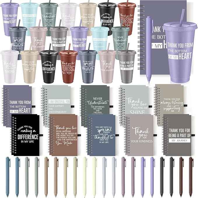 Shellwei 60 Pcs Employee Appreciation Gifts Bulk 24 oz Thank You Tumbler with Lid and Straw Mini Spiral Notebooks and Pens Appreciation Gifts for Team Employee Coworkers Teacher (Thanks)