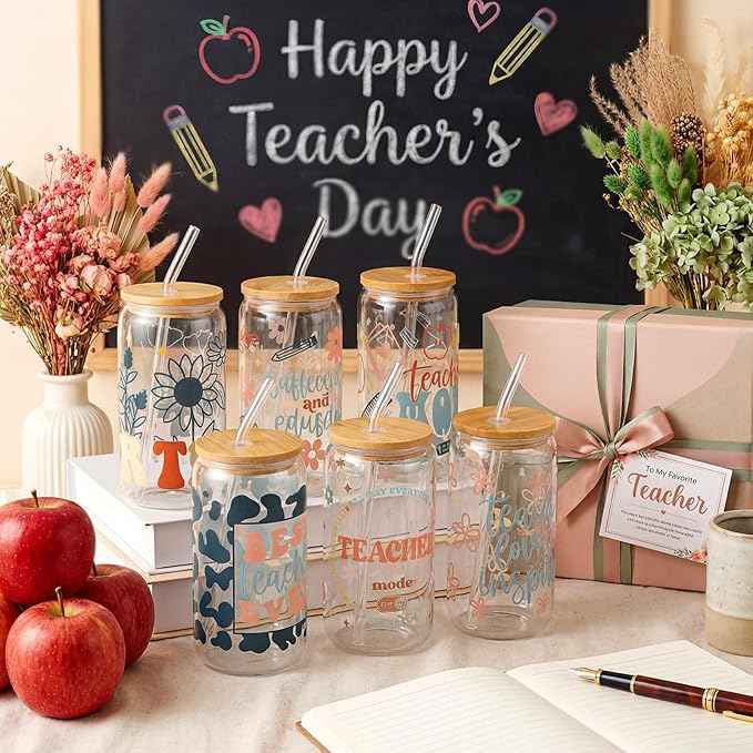 12 Sets Teacher Appreciate Gifts Bulk 2026 Teacher Glass Cups with Lids and Straws 16 oz Iced Coffee Cups Cute Glass Tumbler Thank You Graduation Gift for Women Employee Birthday Back to School