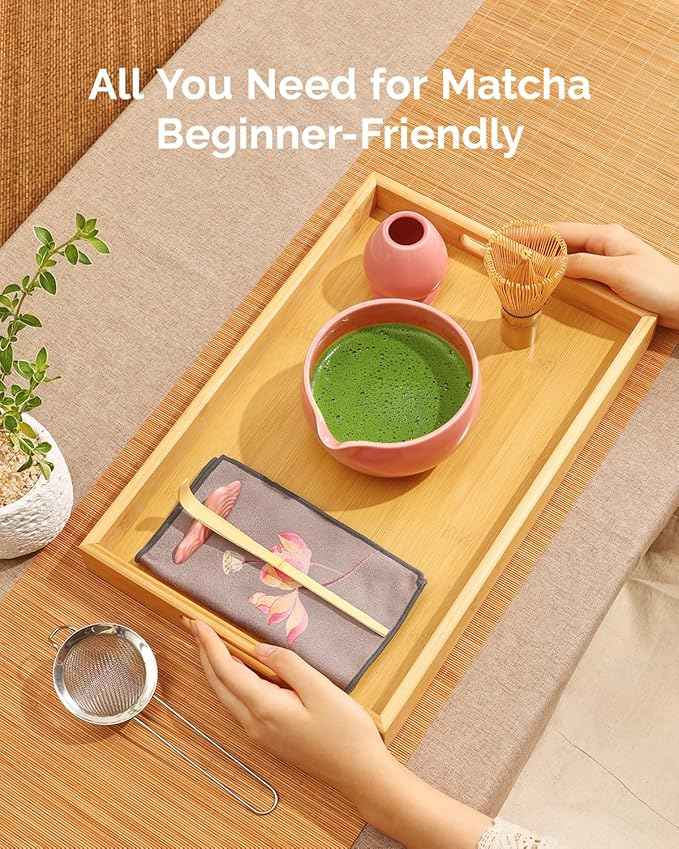 Maestri House Pink Matcha Whisk Set, 7-Pc Complete Matcha Kit with Spouted Ceramic Bowl, Bamboo Whisk and Holder, Scoop, Spoon Rest & Sifter, Tea Cloth – Ideal Gift for Matcha Lovers (Pink)