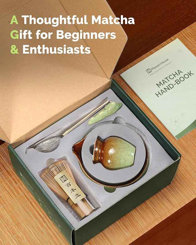Maestri House Matcha Whisk Set, 7-Pc Complete Matcha Kit with Spouted Ceramic Bowl, Bamboo Whisk and Holder, Scoop, Spoon Rest & Sifter, Tea Cloth – Ideal Gift for Matcha Lovers (Verdant Abyss)