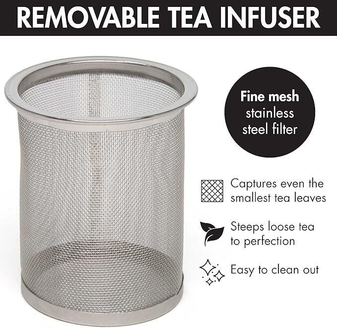 Primula Half Moon Teapot with Removable Infuser, Glass Tea Maker with Reusable Fine Mesh Stainless Steel Filter, Dishwasher Safe, 40-Ounce, Black