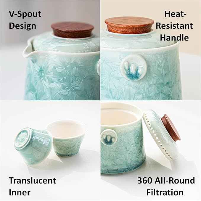 Hermit Life Chinese Travel Tea Set, Portable Ceramic Teapot for One to Two, Gongfu Tea Set with Crystal Glaze, 1 Pot 2 Cups, Gift for Tea Lovers (Mint Green)