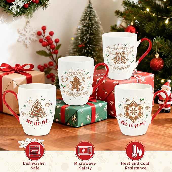 Christmas Coffee Mug Set of 4, 12 oz Gingerbread Man Coffee Mug with Handle, Hot Cocoa Ceramic Mugs with Gift Box for Mom Woman Family Friends Colleagues