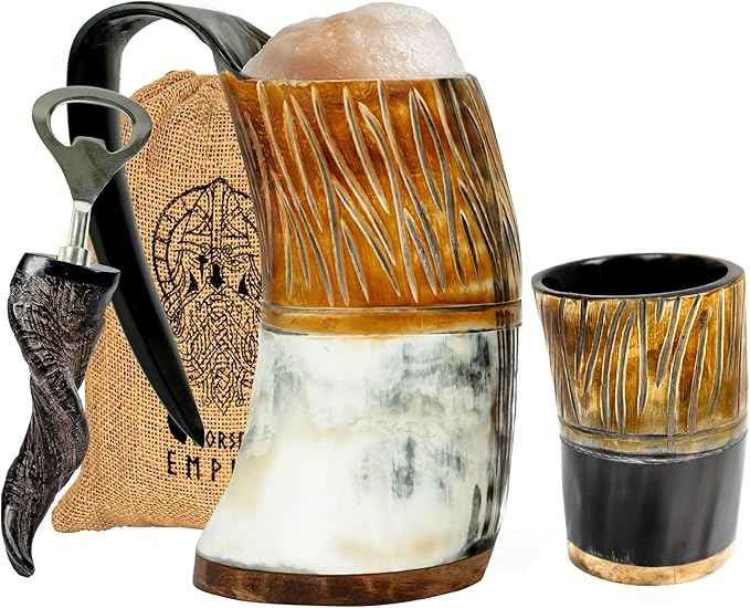 Viking OX Horn Mug, 16–20 Oz (The JARL) Ox Horn Cup & Coffee Stein | Stylish and Handmade Present for Men and Women, Home Accessories | Shot Glasses for Mead, Ale, Whisky and Beer Cup…
