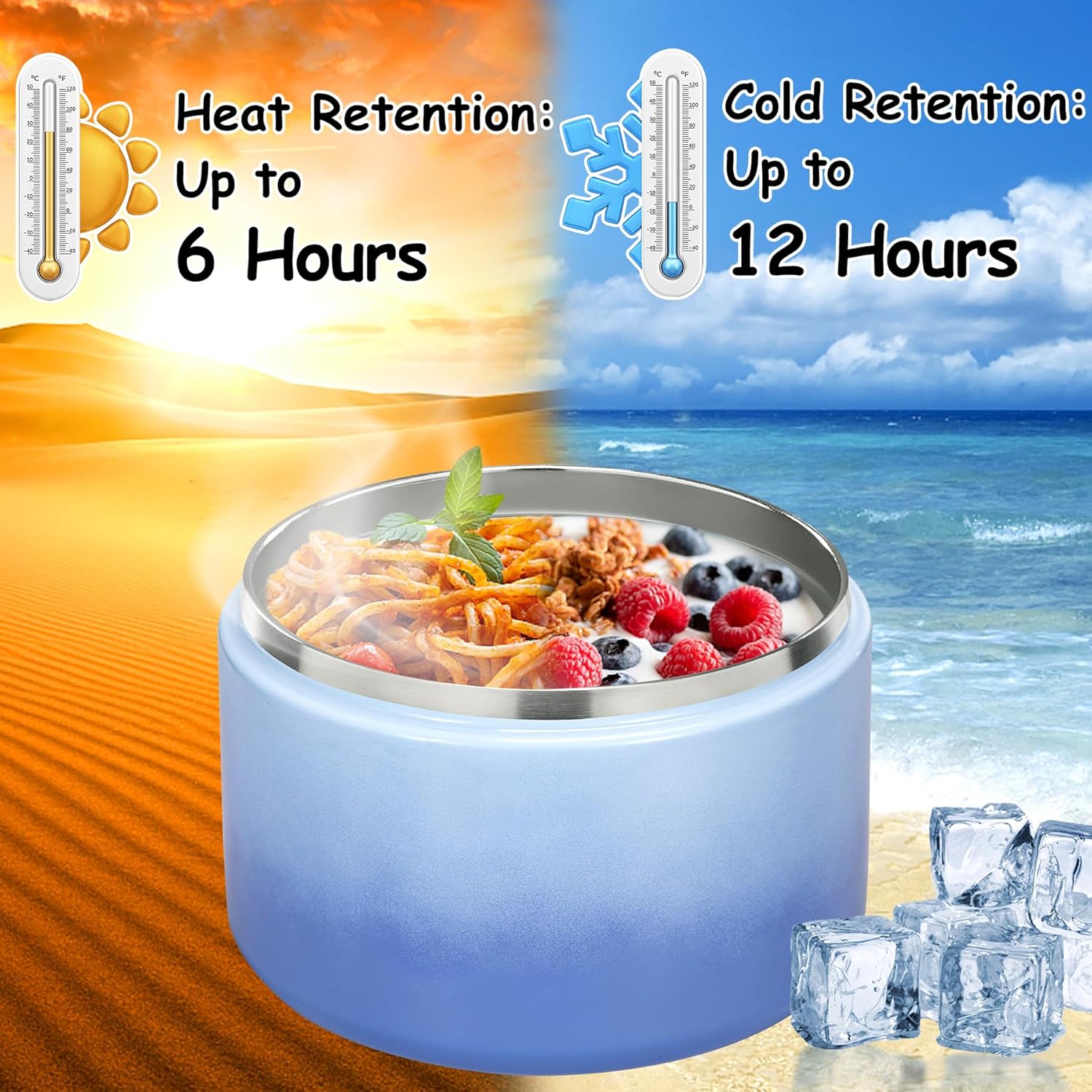 12oz Insulated Vacuum Food Jar with Buckle Lid Wide Mouth Soup Thermo for Hot Food Kids Leakproof Stainless Steel Lunch Container (Gradient Blue, 12OZ) - Blissbrew