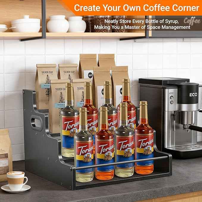 4-Tier Liquor Bottle Display Shelf, Coffee Syrup Rack Organizer, Water Bottle Organizer, Mini Bar Cabinet, Rustic Bar Shelves for Liquor Whiskey, Spirits（Black）
