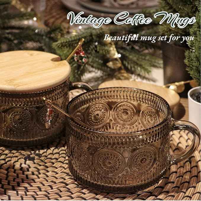 Vintage Coffee Mugs Set of 2 Green, 14 Oz Overnight Oats Containers with Bamboo Lids and Spoons, Glass Breakfast Cups, Cute Coffee Bar Accessories Christmas Gifts