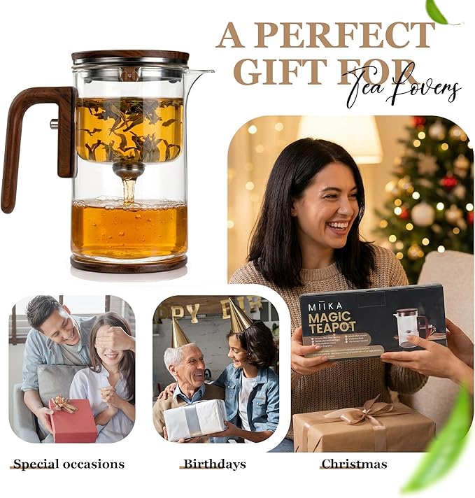 MIIKA Magic Glass Tea Pot with Infuser for Loose Tea – Bottom Dispense Stainless Steel Strainer, Borosilicate Glass, Elegant Tea Scoop, Protective Base and Drip-Free, Easy-to-Clean Design