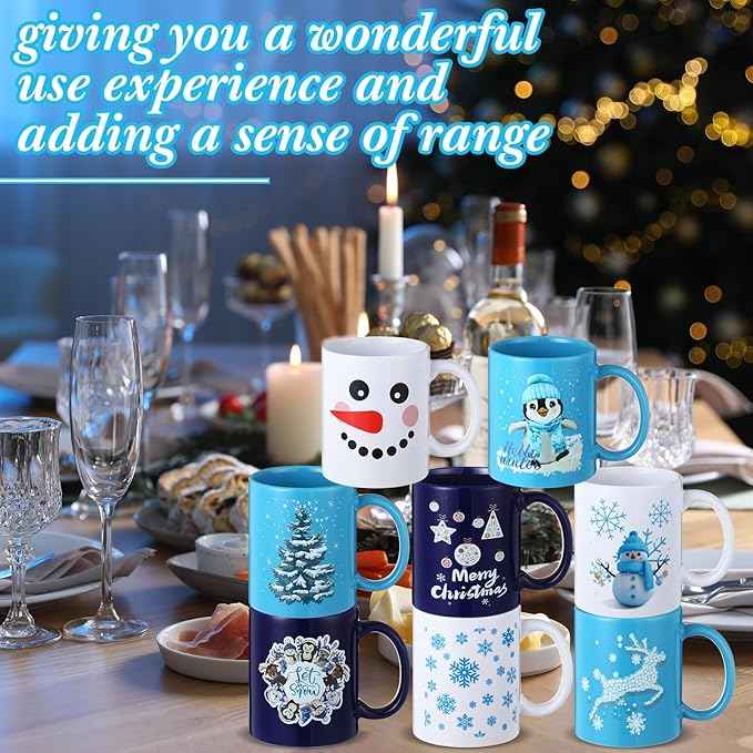 Maxdot 8 Pcs Winter Coffee Mugs 12 oz Christmas Coffee Mugs Set with Handle Ceramic Matching Mugs for Home School Office Table Centerpieces House Warming Holiday Party Gift