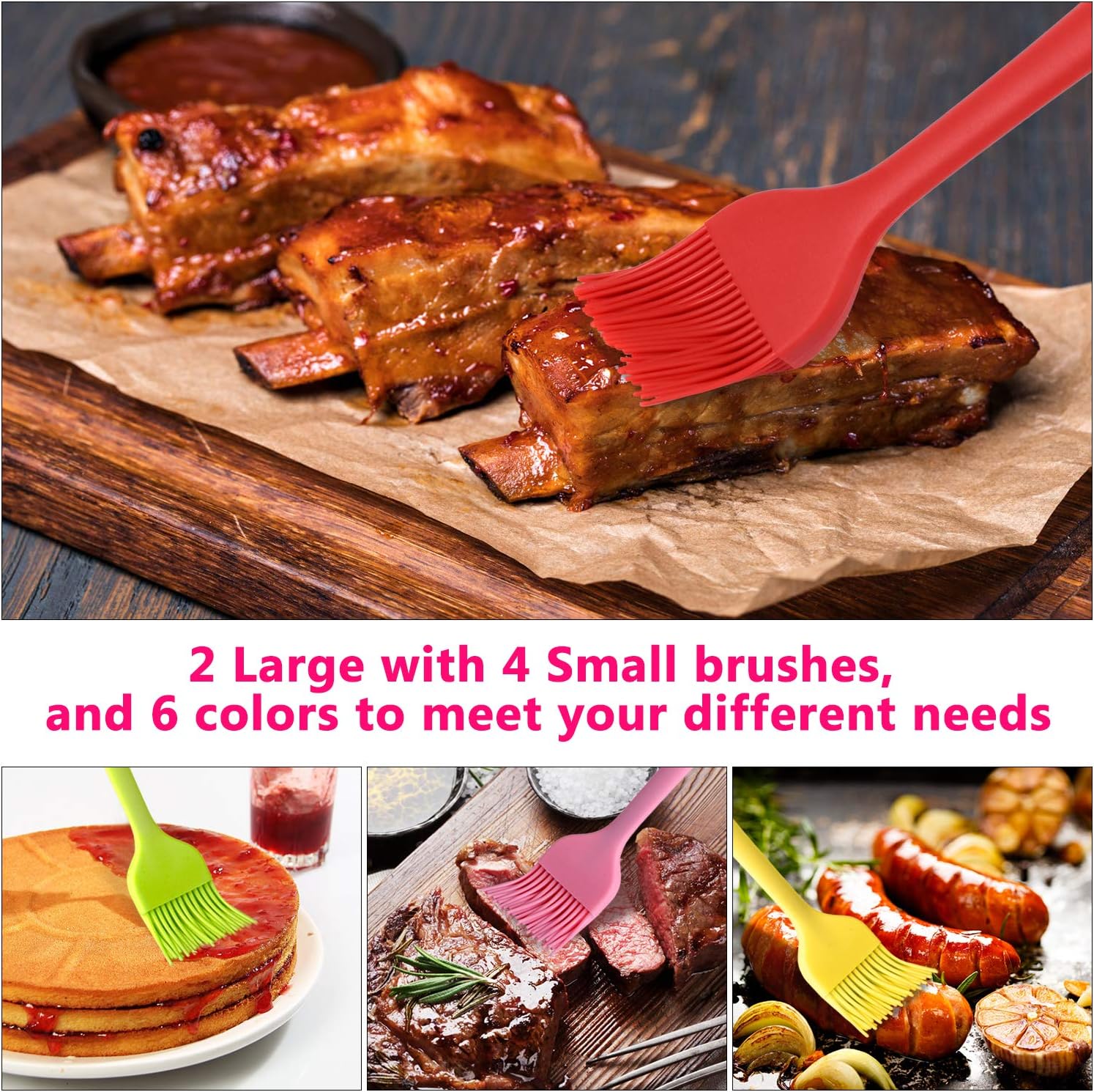 Silicone Basting Brush Set 6 Pack Heat Resistant Pastry Brushes Spread Oil Butter Sauce for BBQ Grill Barbeque Kitchen Baking Cooking Pastries, 2 Large & 4 Small
