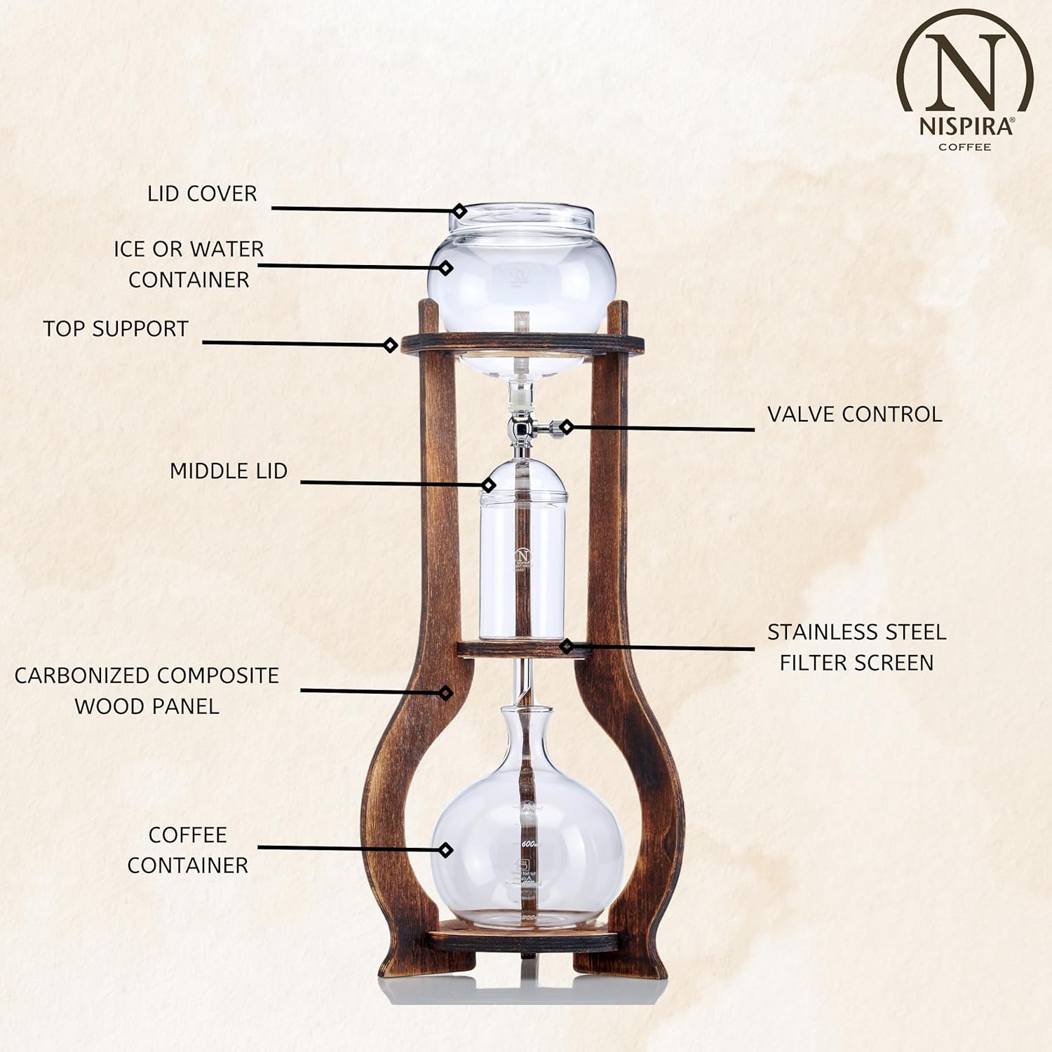 Nispira Iced Coffee Cold Brew Drip Tower Coffee Maker Wooden, 6-8 cup - Blissbrew