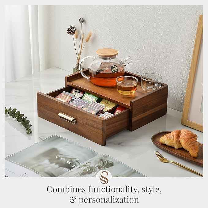 Shanik Custom Engraved Organizer - Personalized Box with Drawer for Tea Collection, Solid Wood Station - Modern Drinker Gift.