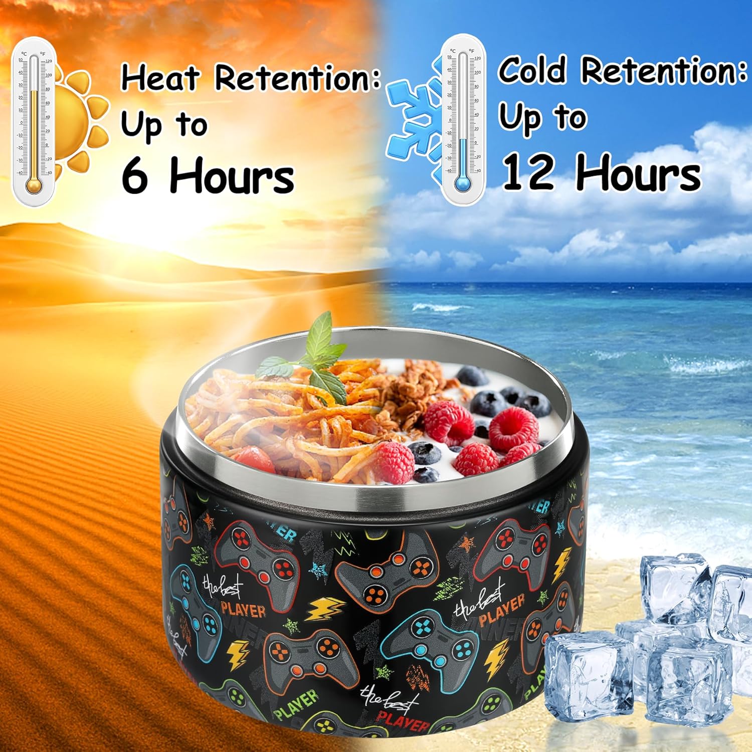 12oz Insulated Vacuum Food Jar with Buckle Lid Wide Mouth Soup Thermo for Hot Food Kids Leakproof Stainless Steel Lunch Container (Black-Game) - Blissbrew