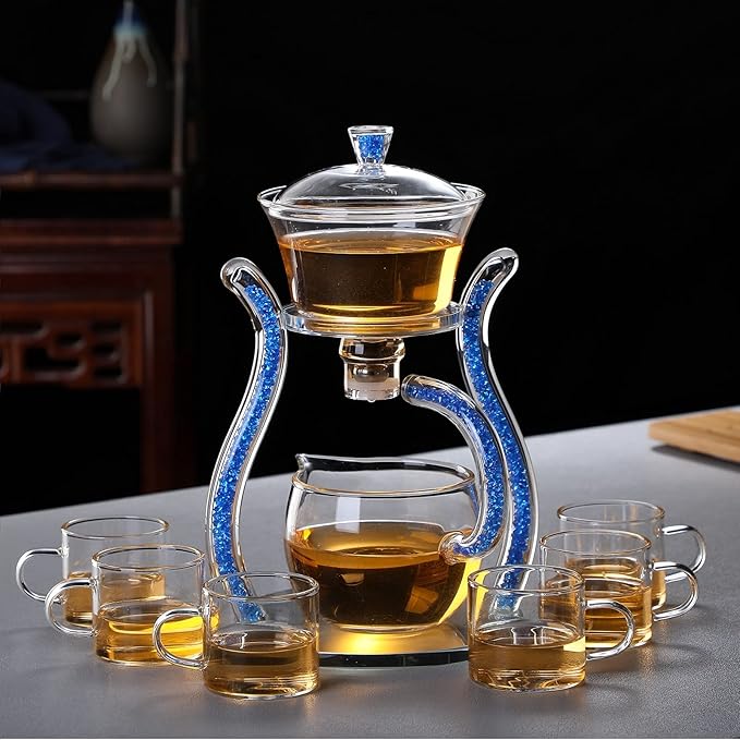 RORA Lazy Kungfu Glass Tea Set Semi Automatic Drip Rotating with Infuser Glass Teapot Set (6 cups)