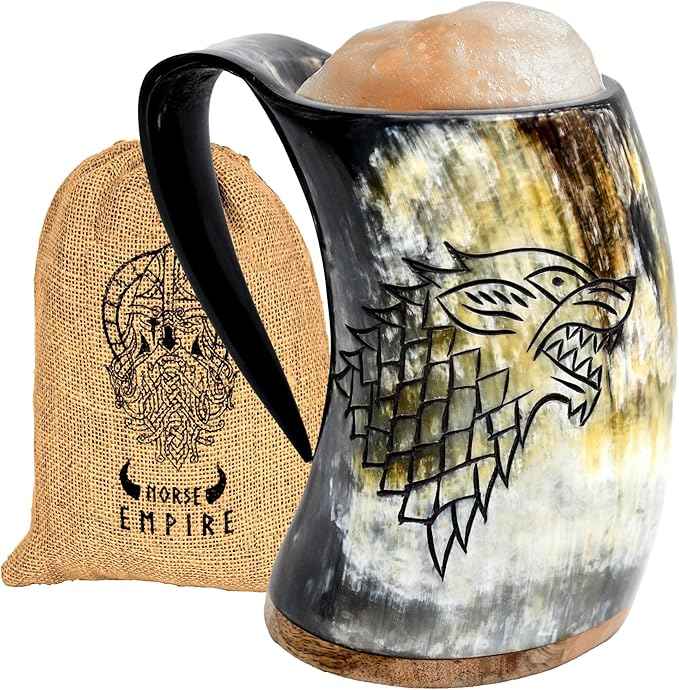 Viking Drinking Fenrir Engraving Horn Mug,16-20oz | The Ultimate Unique Handmade Ox horn Mug for Cold Drinks - 100% food safe. Vikings Horn cups (Roaring Fenrir - Polished)