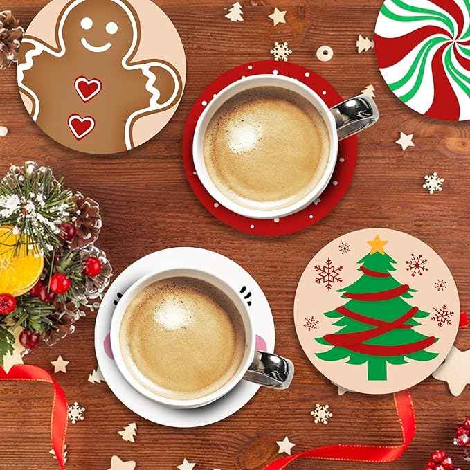 Christmas Cute Drink Coasters with Holder Set of 6, Xmas Tree Santa Claus Absorbent Ceramic Cup Mat for Coffee Table Protection, 4 Inches Winter Holiday Home Kitchen Decor Housewarming Gifts