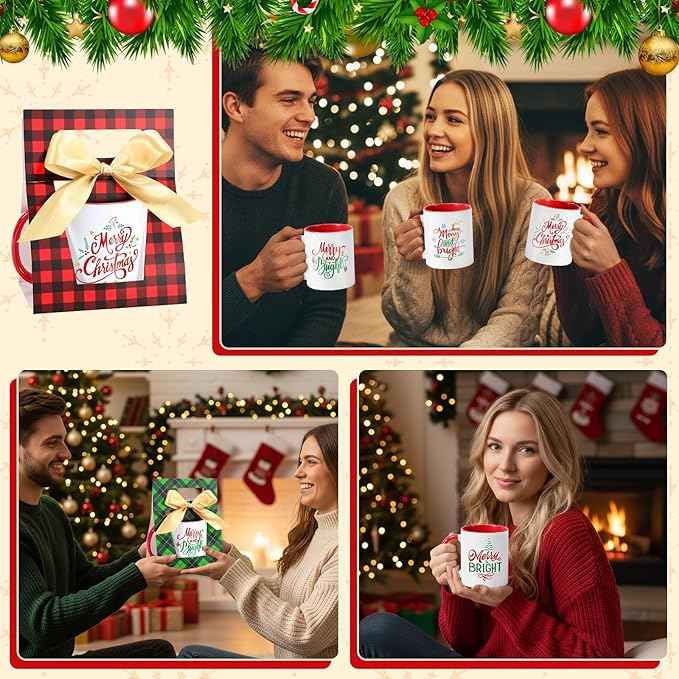 LemonRoad 12 Sets Christmas Coffee Mugs with Mug Boxes 12 oz Ceramic Merry Christmas Coffee Cups Xmas Cups with Gift Boxes Ribbon for Xmas Winter Holiday Housewarming Party Gift