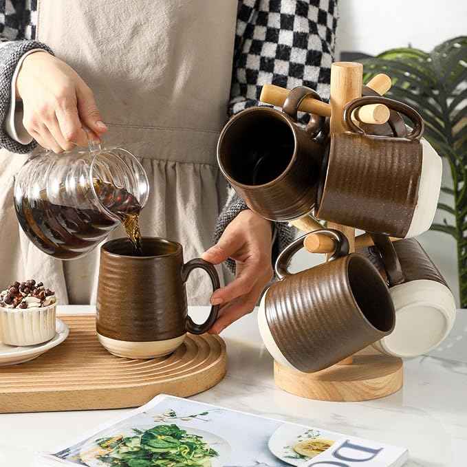 Hasense Porcelain Coffee Mugs Set of 6, 15 Ounce Large Ceramic Coffee Cups Set with Handle for Latte, Tea, Cocoa and Hot Chocolate, Brown Coffee Mugs for Men and Women, Microwave Safe