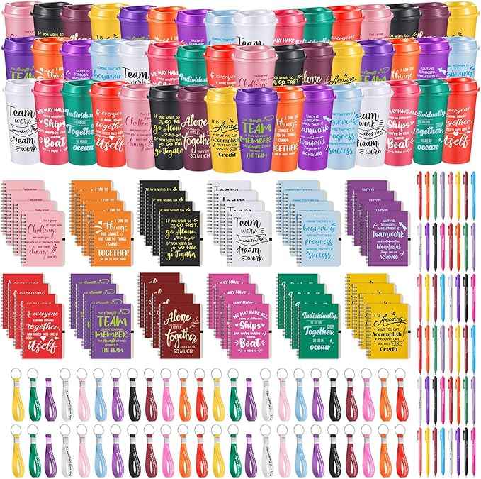 Skylety 48 Set/ 192 Pcs Team Appreciation Gifts Bulk Team Thank You Gift Set 16 oz Coffee Cups Thank You Mini Spiral Notebooks Pens Keychains for Staff Teacher(Classic Color)