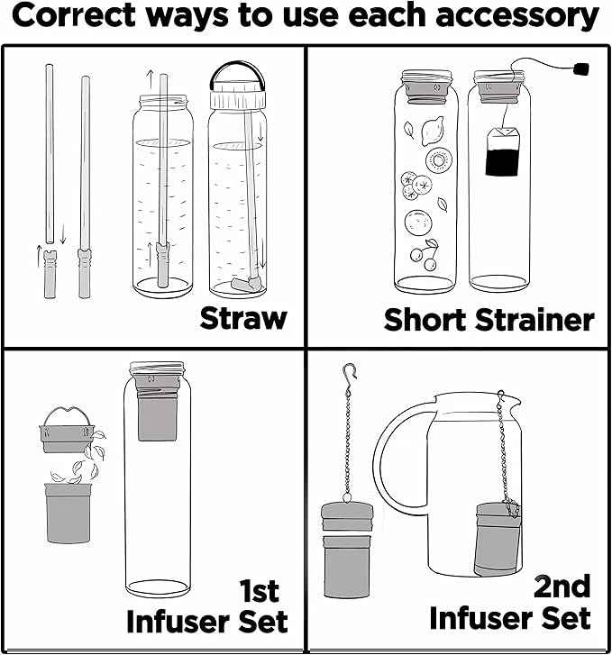 32oz Borosilicate Glass Water Bottle with Bamboo Lid and 2 Tea Infuser Sets for Fruit Infused Water and Cold Brew Coffee - Glass Tea Infuser Bottle with Strainer for Loose Leaf Tea