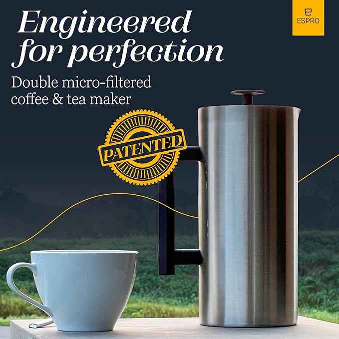 ESPRO P6 32 Ounces French Press Coffee Maker, Double Walled Stainless Steel Insulated, Brushed Stainless Steel